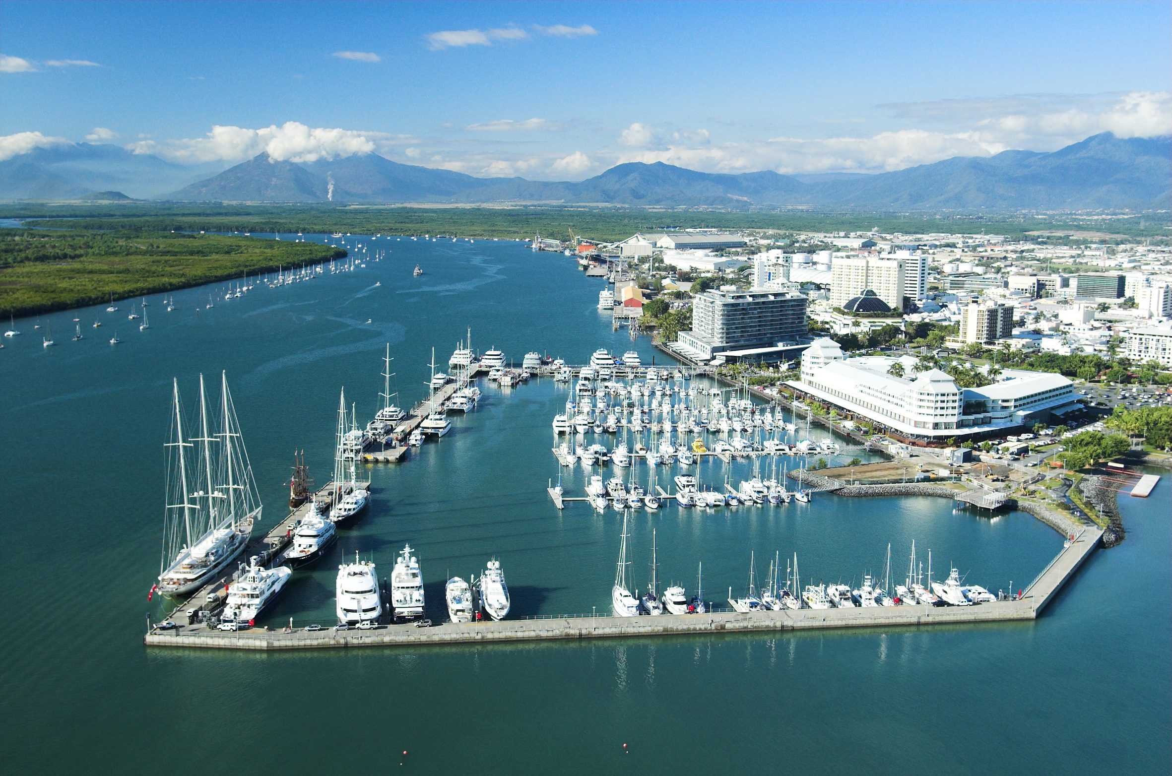 Aerial view of the Cairns marina and waterfront, Tropical North Queensland