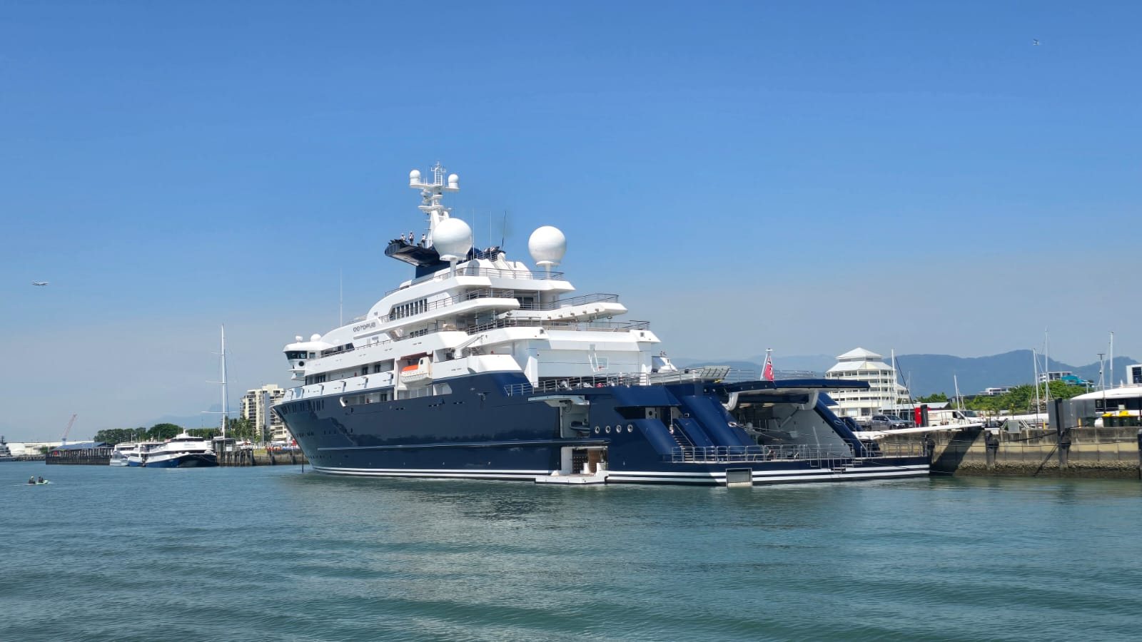 Expedition superyacht berthed at the Cairns marina