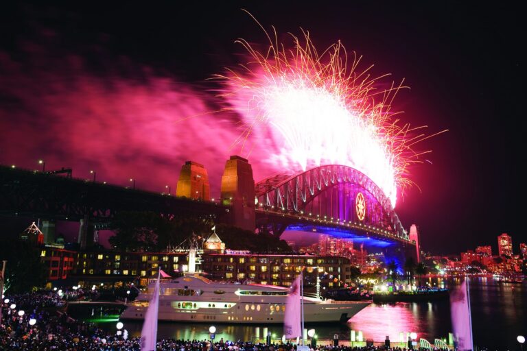 Superyachts on Sydney Harbour during the New Year's Eve fireworks