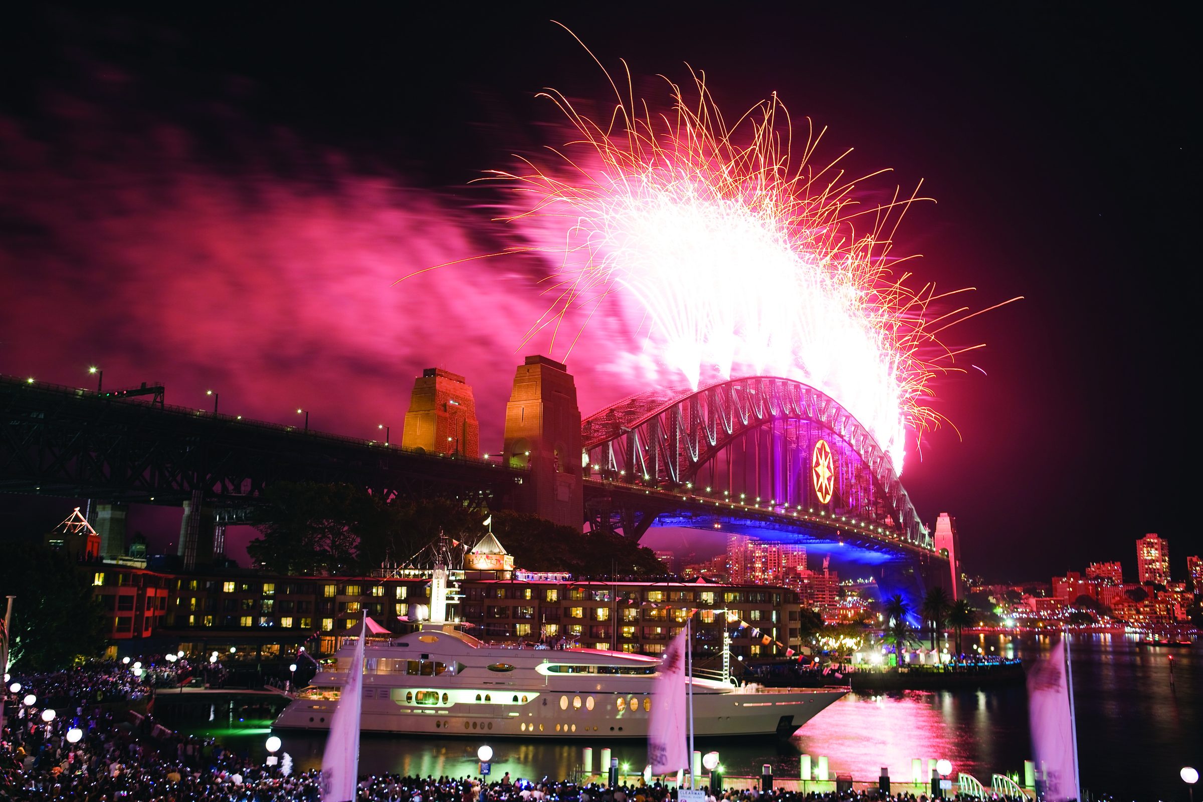 Superyachts on Sydney Harbour during the New Year's Eve fireworks