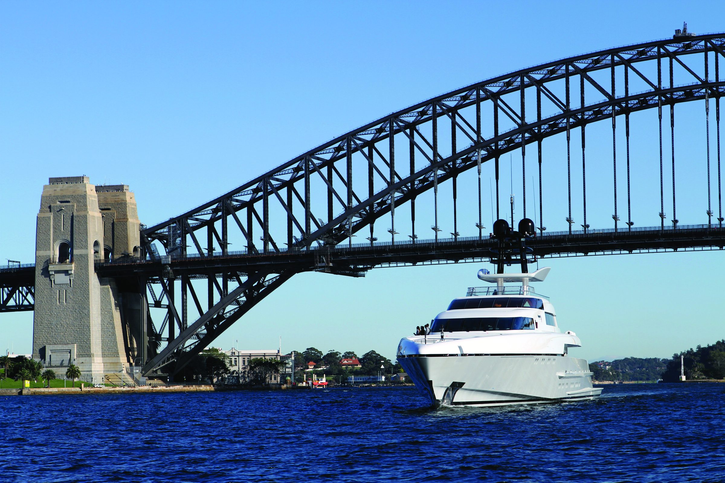 Superyacht passing under the Sydney Harbour Bridge
